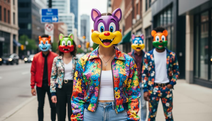 Person wearing colorful anime-inspired face mask with 3D details on Toronto street