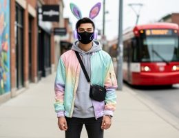 Person in Toronto wearing a matte black face mask with pastel bunny ears, photographed at eye level with shallow depth of field; blurred brick storefronts, mural, and a red streetcar in the background.