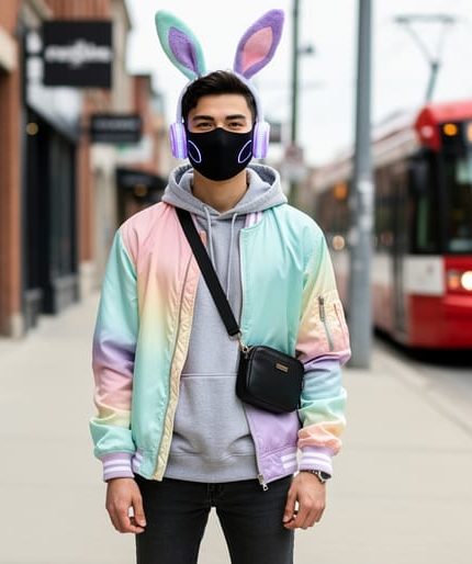 Person in Toronto wearing a matte black face mask with pastel bunny ears, photographed at eye level with shallow depth of field; blurred brick storefronts, mural, and a red streetcar in the background.