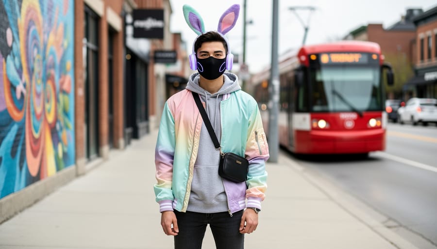 Person in Toronto wearing a matte black face mask with pastel bunny ears, photographed at eye level with shallow depth of field; blurred brick storefronts, mural, and a red streetcar in the background.