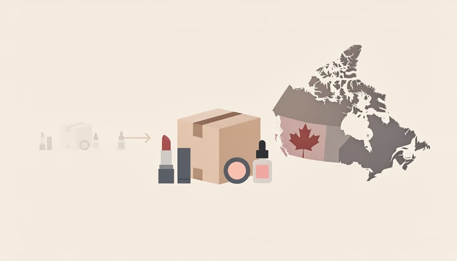 Makeup parcel box on a home entryway table with small beauty items nearby