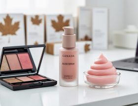 Close-up of makeup products including a blush serum bottle and lip product on a clean vanity counter with soft, blurred Canadian-inspired decor in the background.