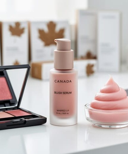 Close-up of makeup products including a blush serum bottle and lip product on a clean vanity counter with soft, blurred Canadian-inspired decor in the background.
