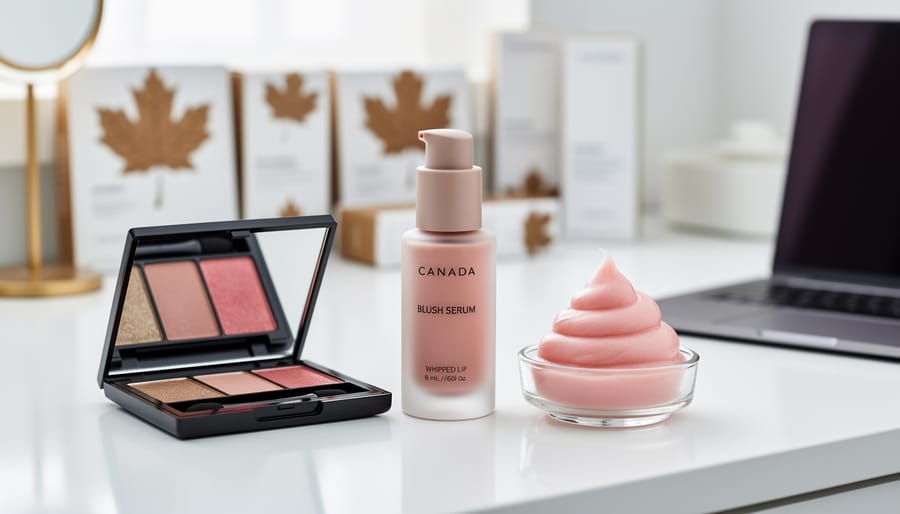Close-up of makeup products including a blush serum bottle and lip product on a clean vanity counter with soft, blurred Canadian-inspired decor in the background.