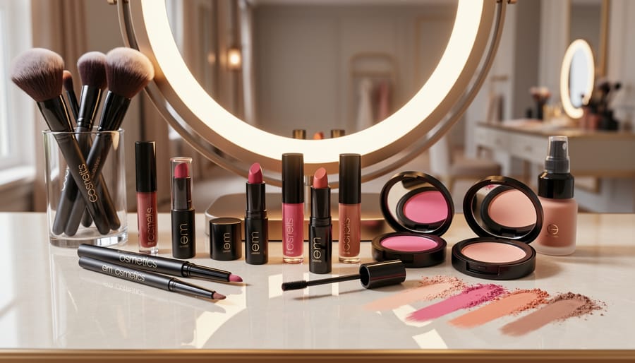 Close-up vanity scene with blush and highlighter compacts, a makeup brush, and a small mirror in soft natural daylight
