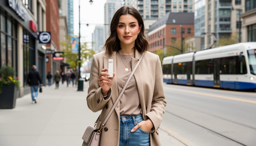 Person in Toronto street-style clothing applying blush with a compact by a café window
