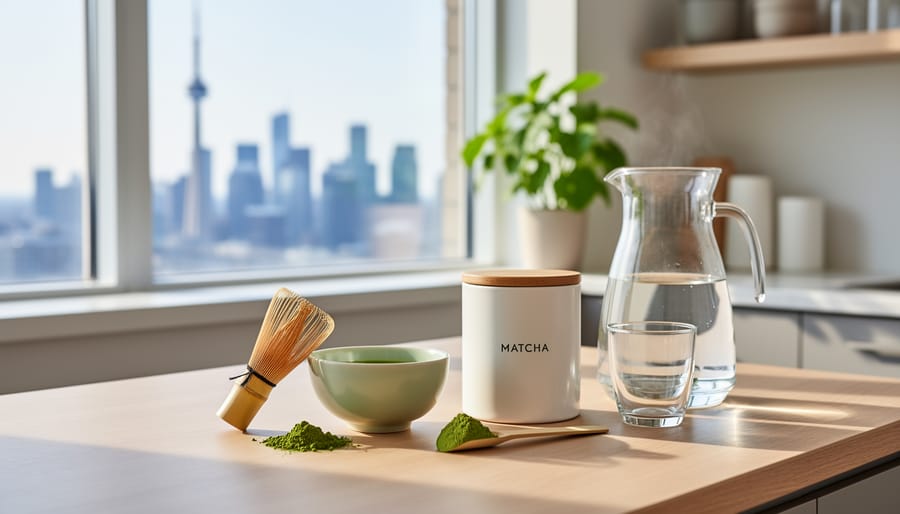 A matcha bowl and bamboo whisk on a light wood counter in a Toronto apartment morning setting with soft daylight.