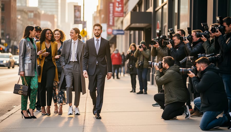 Fashionably dressed attendees and a photographer captured on a Toronto Fashion Week street, with venue-area crowd blurred in the background.