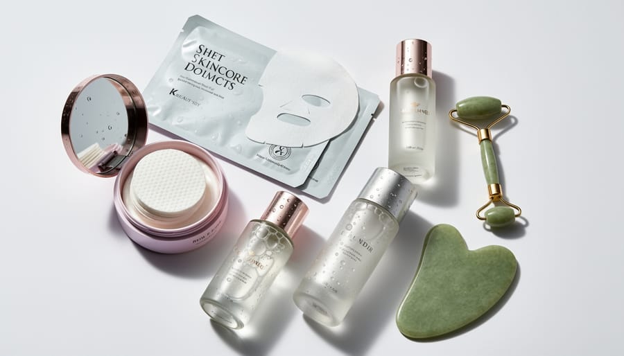 Flat-lay of K-beauty toner pads and sheet mask items on a neutral countertop.