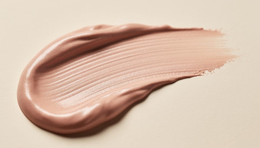 Macro close-up of a cushion blush texture with a plush makeup puff partially pressed into it