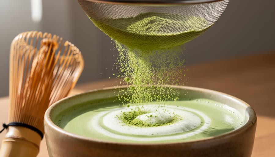 Macro close-up of fine green matcha powder being sifted into a bowl with a bamboo whisk nearby.