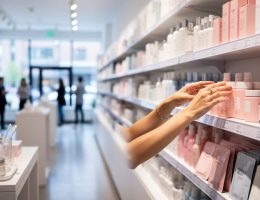 Shopper browsing skincare on neatly stocked shelves inside a Korean beauty boutique in Montreal, with testing items on a nearby counter in the background.