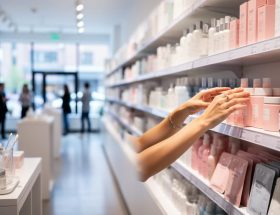 Shopper browsing skincare on neatly stocked shelves inside a Korean beauty boutique in Montreal, with testing items on a nearby counter in the background.