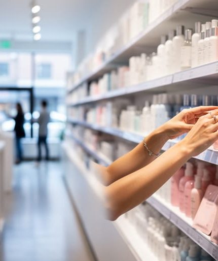 Shopper browsing skincare on neatly stocked shelves inside a Korean beauty boutique in Montreal, with testing items on a nearby counter in the background.