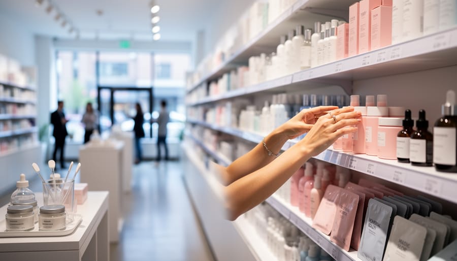 Shopper browsing skincare on neatly stocked shelves inside a Korean beauty boutique in Montreal, with testing items on a nearby counter in the background.