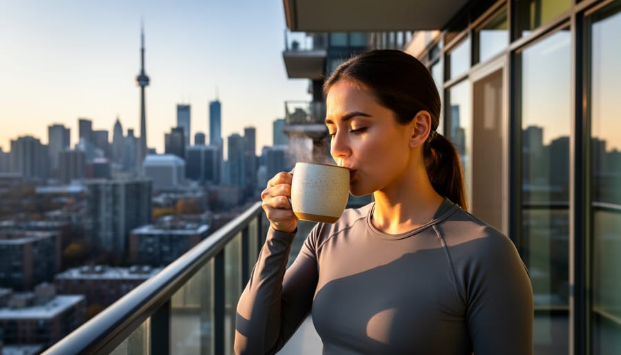 Person holding a cup of freshly whisked matcha on a Toronto balcony with a softly blurred skyline in the background.