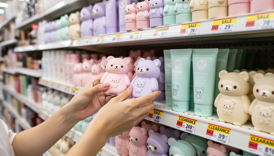 Person’s hands browsing assorted makeup and skincare products in a brightly lit store aisle
