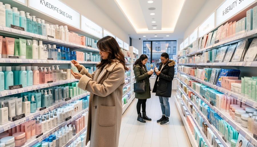 Shopper reaching for Korean skincare products on organized shelves inside a boutique store.