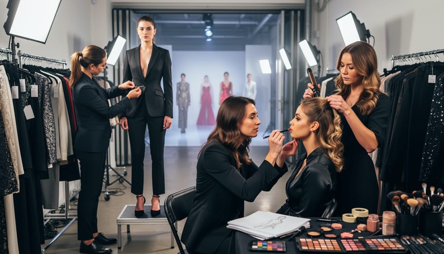 Stylists adjust a model’s outfit backstage during Toronto Fashion Week with garment racks and lighting equipment blurred behind.