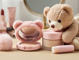 Pastel blush compact with a fuzzy bear-shaped lid, a pom-pom makeup applicator, and a plush teddy bear on a cozy vanity with soft skincare items nearby.