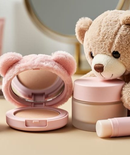 Pastel blush compact with a fuzzy bear-shaped lid, a pom-pom makeup applicator, and a plush teddy bear on a cozy vanity with soft skincare items nearby.