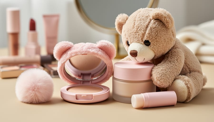 Pastel blush compact with a fuzzy bear-shaped lid, a pom-pom makeup applicator, and a plush teddy bear on a cozy vanity with soft skincare items nearby.