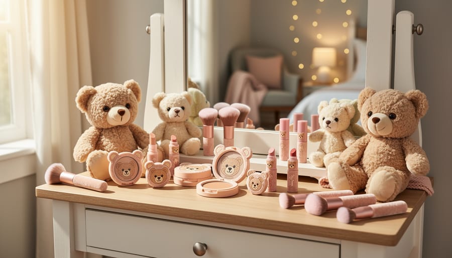 Teddy bear plush beside pastel blush compact and a fuzzy pom-pom makeup applicator on a vanity