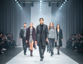 “Diverse models walking down a softly lit runway at Toronto Fashion Week with blurred audience and stage lights in the background.”