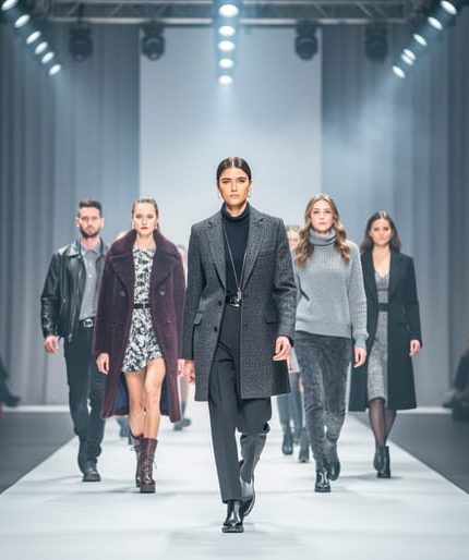 “Diverse models walking down a softly lit runway at Toronto Fashion Week with blurred audience and stage lights in the background.”