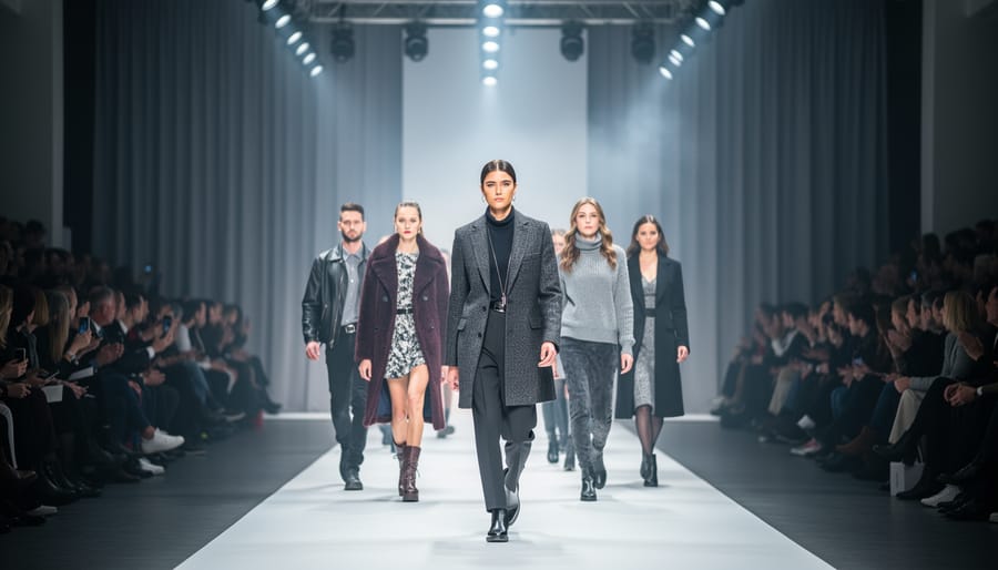 “Diverse models walking down a softly lit runway at Toronto Fashion Week with blurred audience and stage lights in the background.”