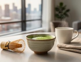 Ceremonial matcha bowl with vibrant green matcha and a bamboo whisk on a light wood kitchen counter during a calm Toronto morning.