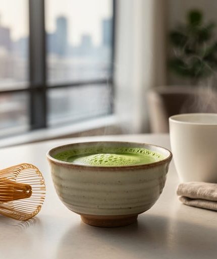 Ceremonial matcha bowl with vibrant green matcha and a bamboo whisk on a light wood kitchen counter during a calm Toronto morning.