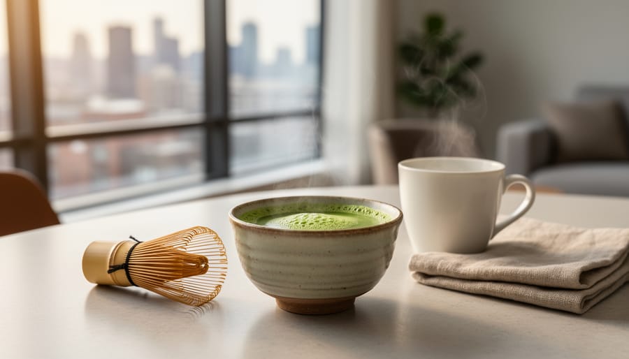 Ceremonial matcha bowl with vibrant green matcha and a bamboo whisk on a light wood kitchen counter during a calm Toronto morning.