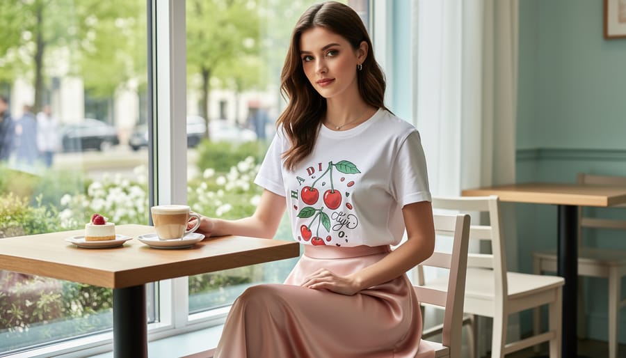Person styling a blush satin slip skirt with a graphic tee and cherry-red accessories at an outdoor café