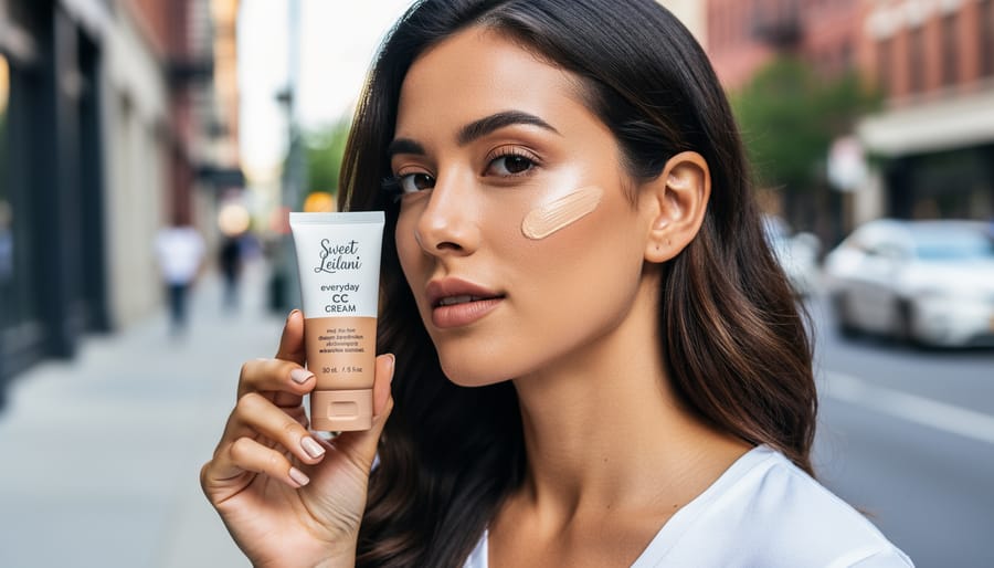 Hands applying vegan CC cream from a tube to the back of a model’s hand with a makeup brush nearby