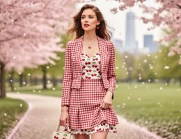Cherry-inspired outfit with red and pink tones styled in a park with blooming cherry blossom trees and soft natural spring light.