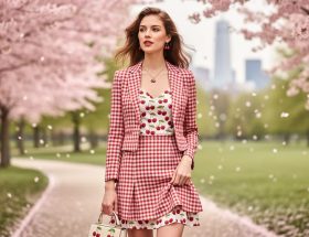 Cherry-inspired outfit with red and pink tones styled in a park with blooming cherry blossom trees and soft natural spring light.