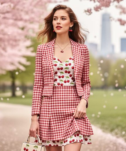 Cherry-inspired outfit with red and pink tones styled in a park with blooming cherry blossom trees and soft natural spring light.