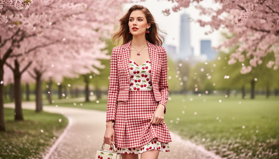 Cherry-inspired outfit with red and pink tones styled in a park with blooming cherry blossom trees and soft natural spring light.