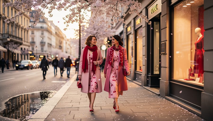 Mannequins dressed in a soft pink co-ord set and a cherry-red mini dress with white sneakers on a cherry blossom street at dusk