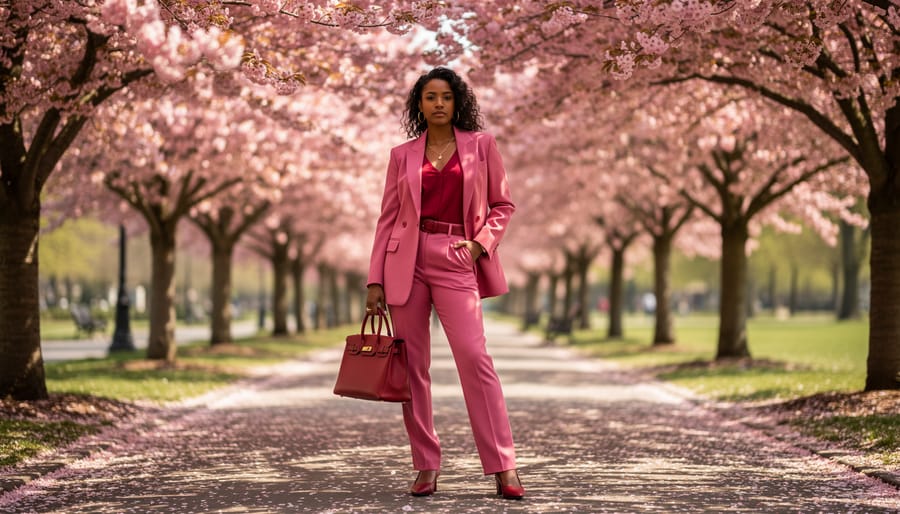 Monochrome pink power suit styled on a park bench under cherry blossom branches with cherry-red accessories nearby