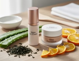 Vegan makeup products arranged on a light wood vanity with aloe leaves, green tea leaves, and citrus pieces around them