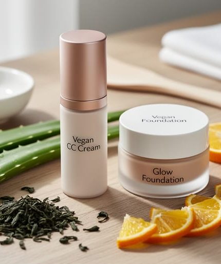 Vegan makeup products arranged on a light wood vanity with aloe leaves, green tea leaves, and citrus pieces around them