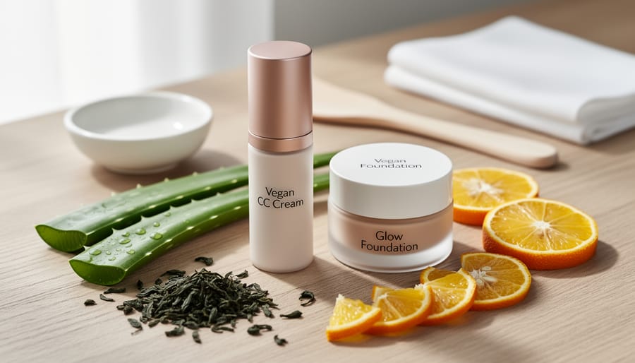 Vegan makeup products arranged on a light wood vanity with aloe leaves, green tea leaves, and citrus pieces around them
