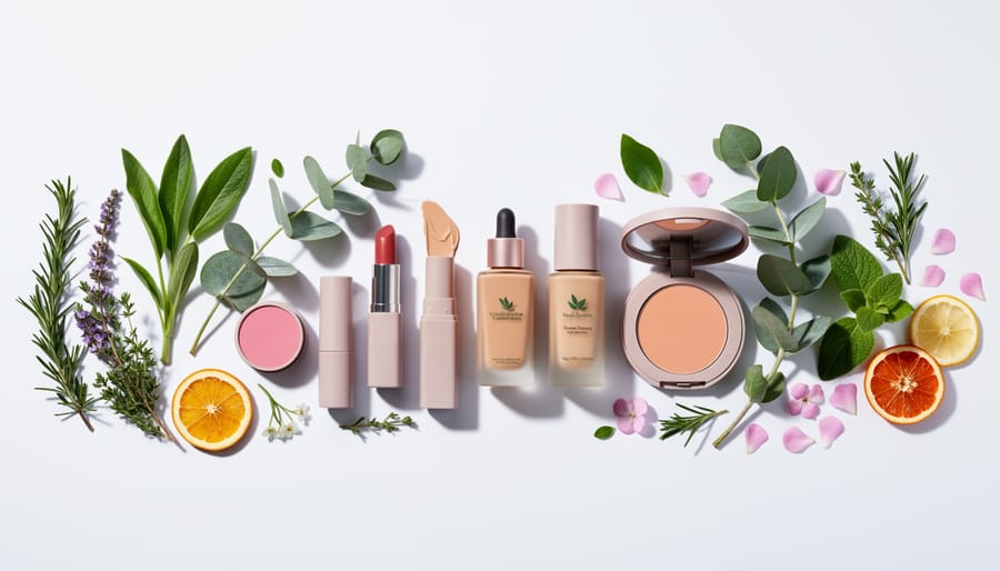 Vegan makeup products arranged with aloe, green tea leaves, and citrus on a light wood vanity