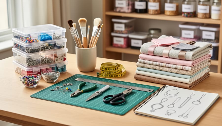 Organized DIY accessory crafting tools including pliers, wire cutters, hot glue gun, needles, and colorful beads on a wooden workbench