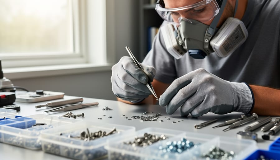 Person wearing safety glasses and a cut-resistant glove working with a hot glue gun near small wire parts