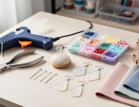 Organized DIY crafting tools and materials for making fashion accessories, including pliers, wire cutters, a hot glue gun, needles, beads, resin earring pieces, and fabric scraps on a light wood table.