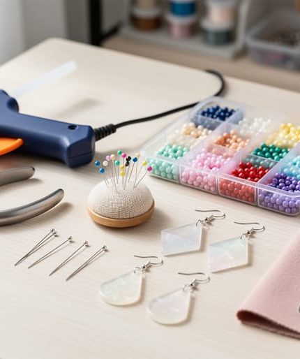 Organized DIY crafting tools and materials for making fashion accessories, including pliers, wire cutters, a hot glue gun, needles, beads, resin earring pieces, and fabric scraps on a light wood table.