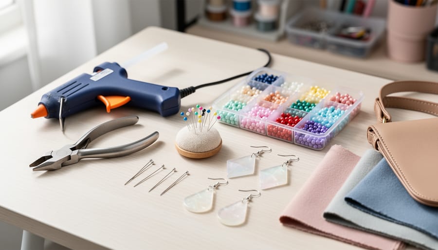 Organized DIY crafting tools and materials for making fashion accessories, including pliers, wire cutters, a hot glue gun, needles, beads, resin earring pieces, and fabric scraps on a light wood table.